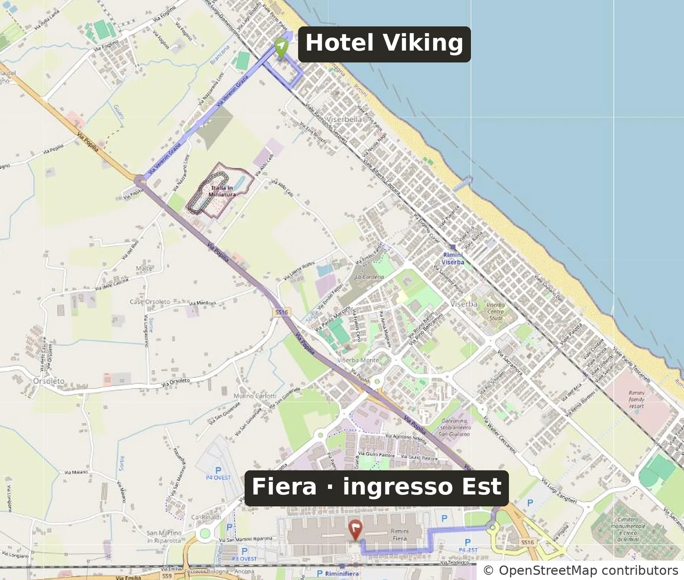 Mapa trasy autem z Hotelu Viking ve Viserbelle na výstaviště v Rimini po via Popilia (SS16) až k východnímu vchodu