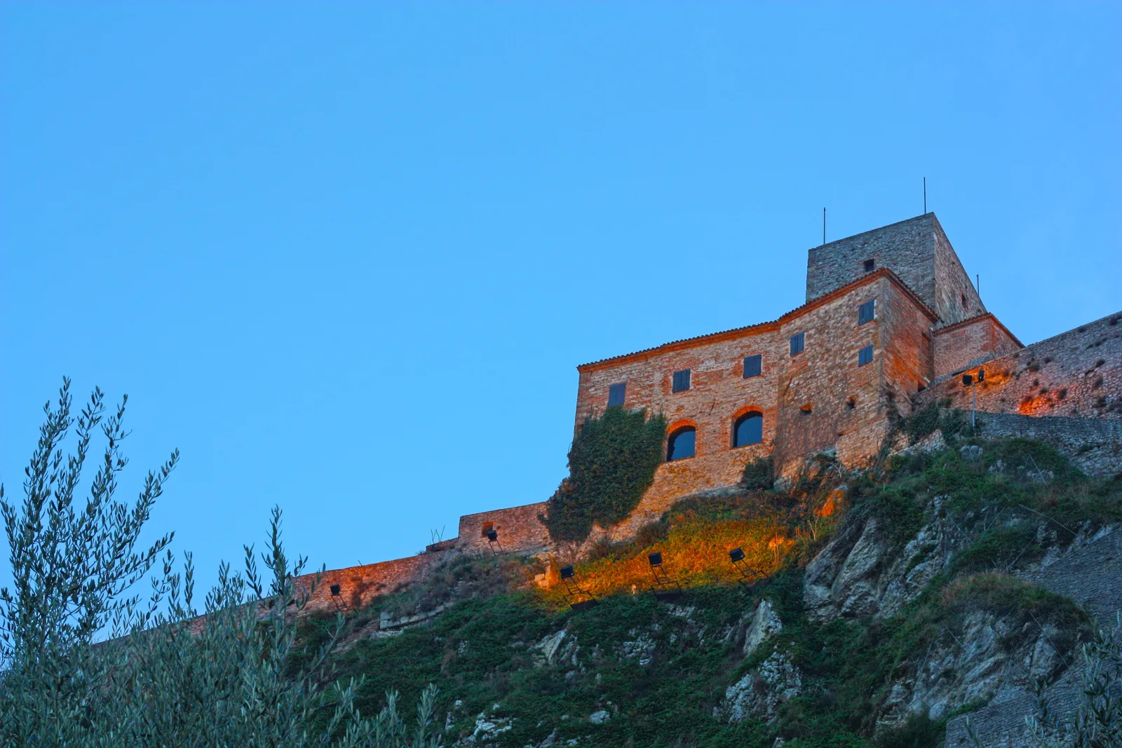 Die Rocca von Verucchio auf dem Felsen von unten gesehen, zwischen Olivenbäumen, abends beleuchtet
