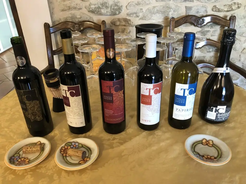 Bottiglie di vino romagnolo allineate su un tavolo