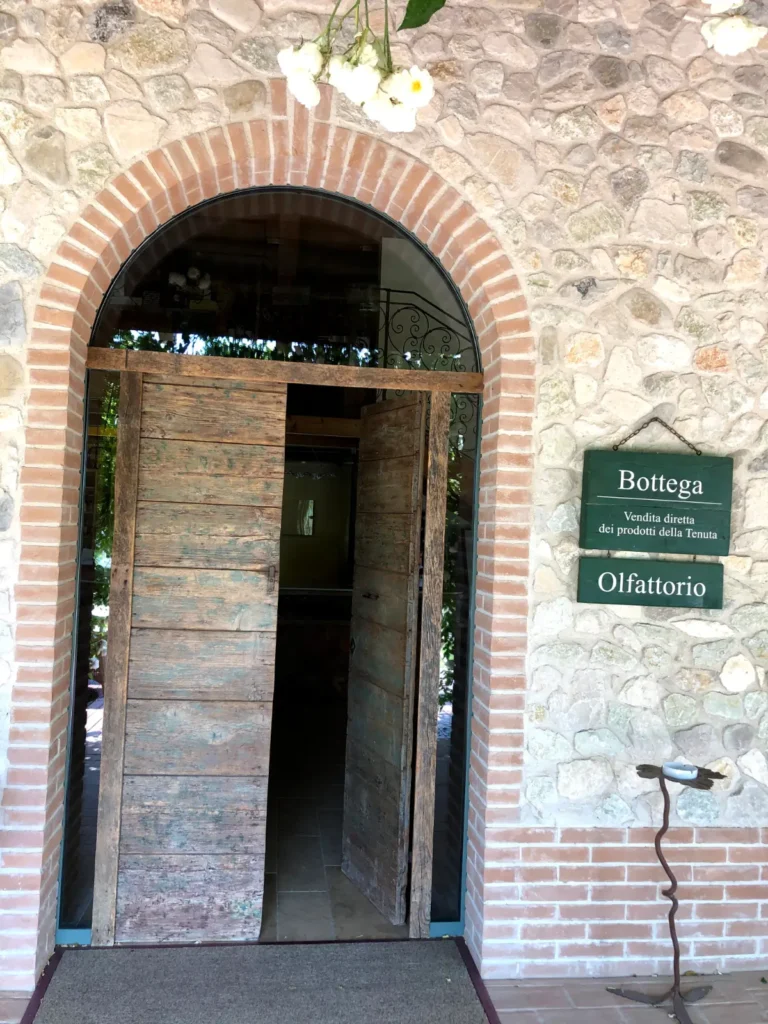 Ingresso della bottega e dell'Olfattorio della Tenuta Saiano, porta in legno e arco in mattoni
